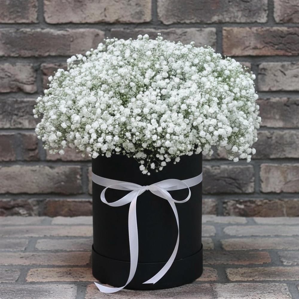 Композиция коробка гипсофил в Суворовское Крым Цветочная композиция из Гипсофила в шляпной коробке в Суворовское Крым