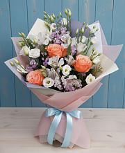 Букет Утренняя свежесть в Суворовское Крым Букет цветов из:  Лизиантусы, Розы, Альстромерии и Гипсофила в Суворовское Крым