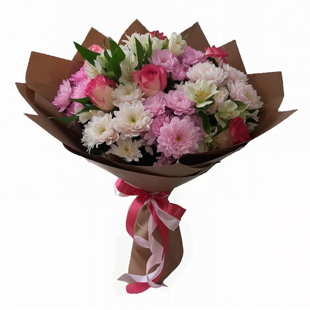Букет Розовое очарование в Суворовское Крым Букет цветов из: Хризантемы, Альстромерии и Розы в Суворовское Крым